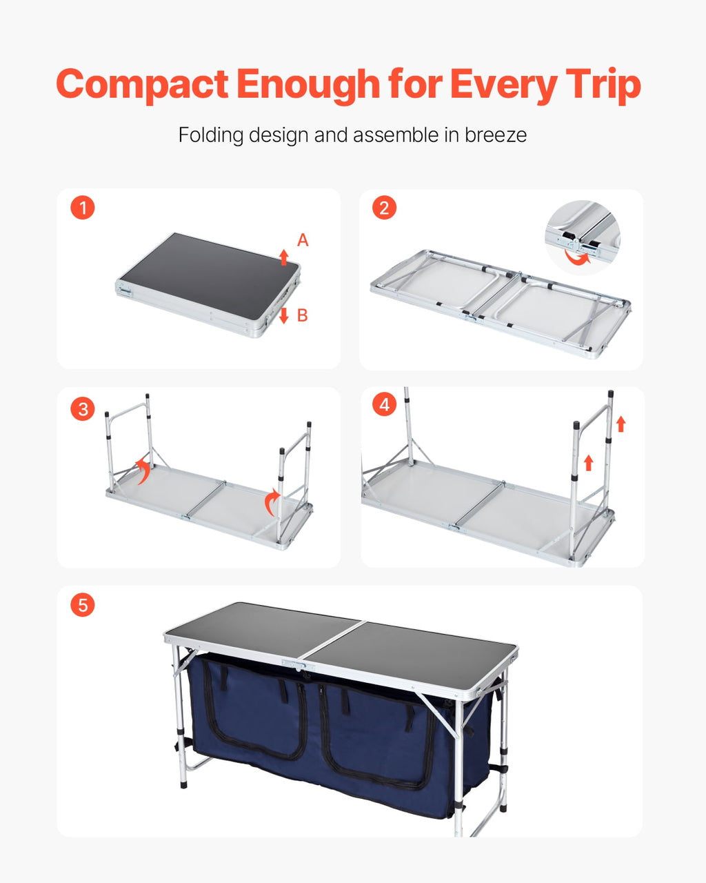 VEVOR Camping Kitchen Table, Quick set-up Folding Camping Table with A Carrying Bag, 3 Adjustable Heights, MDF Camping Table, Ideal for Outdoor Picnics, BBQs, Camping, RV Traveling