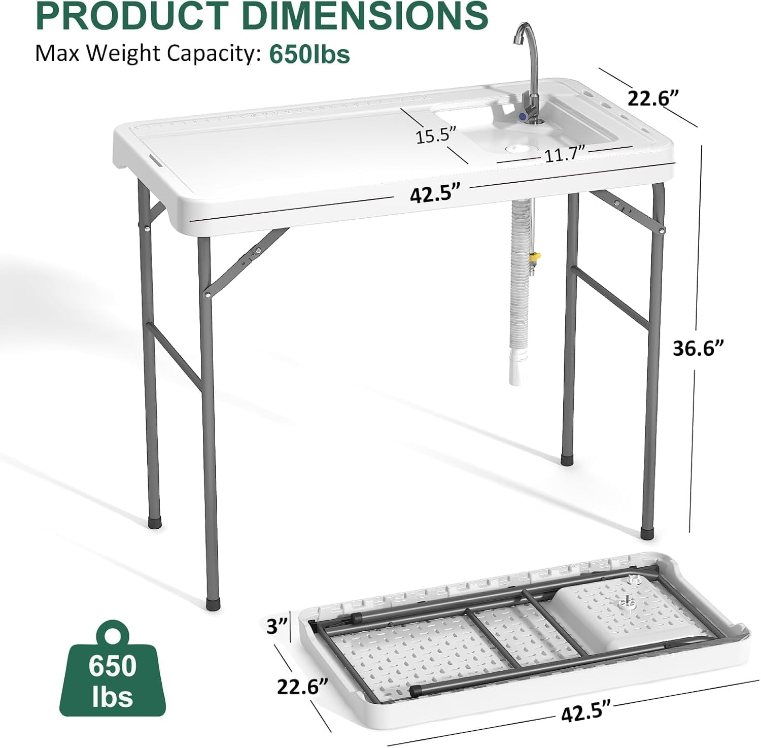EVOKEDEN 42.5 Fish Cleaning Table w/ Sink, Folding Camping Table & Fish Cleaning Station w/ Measure Mark
