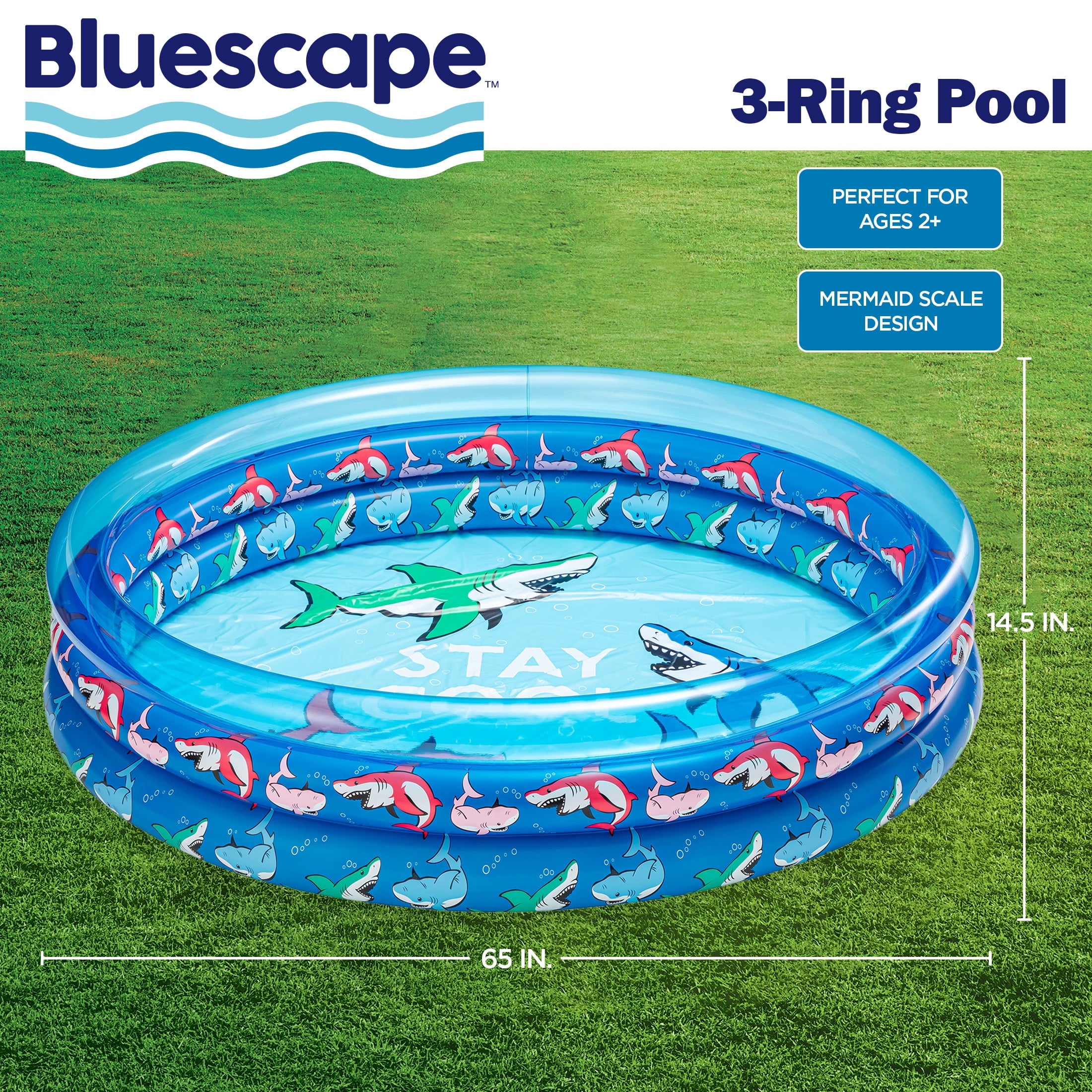 Bluescape Colorful Mermaid Print 3-Ring Inflatable Swimming Pool for Kids, Round, Age 2 & up, Unisex