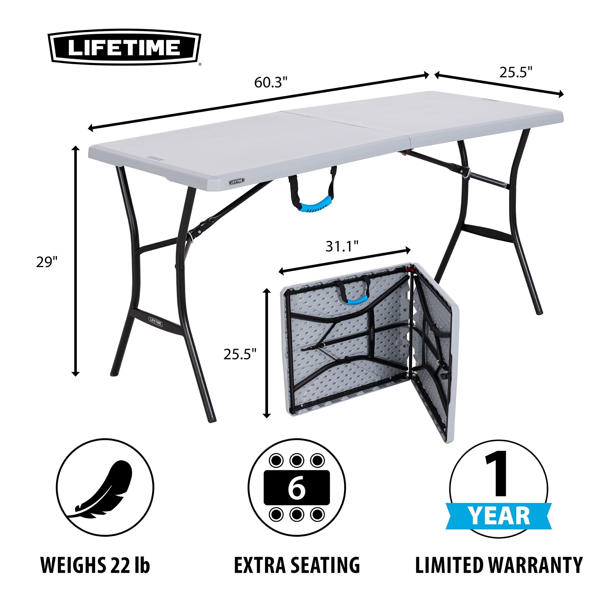 “Lifetime 5-Foot Fold-in-Half Table – Portable Indoor/Outdoor Utility Table for Camping, Events & Tailgating – Gray