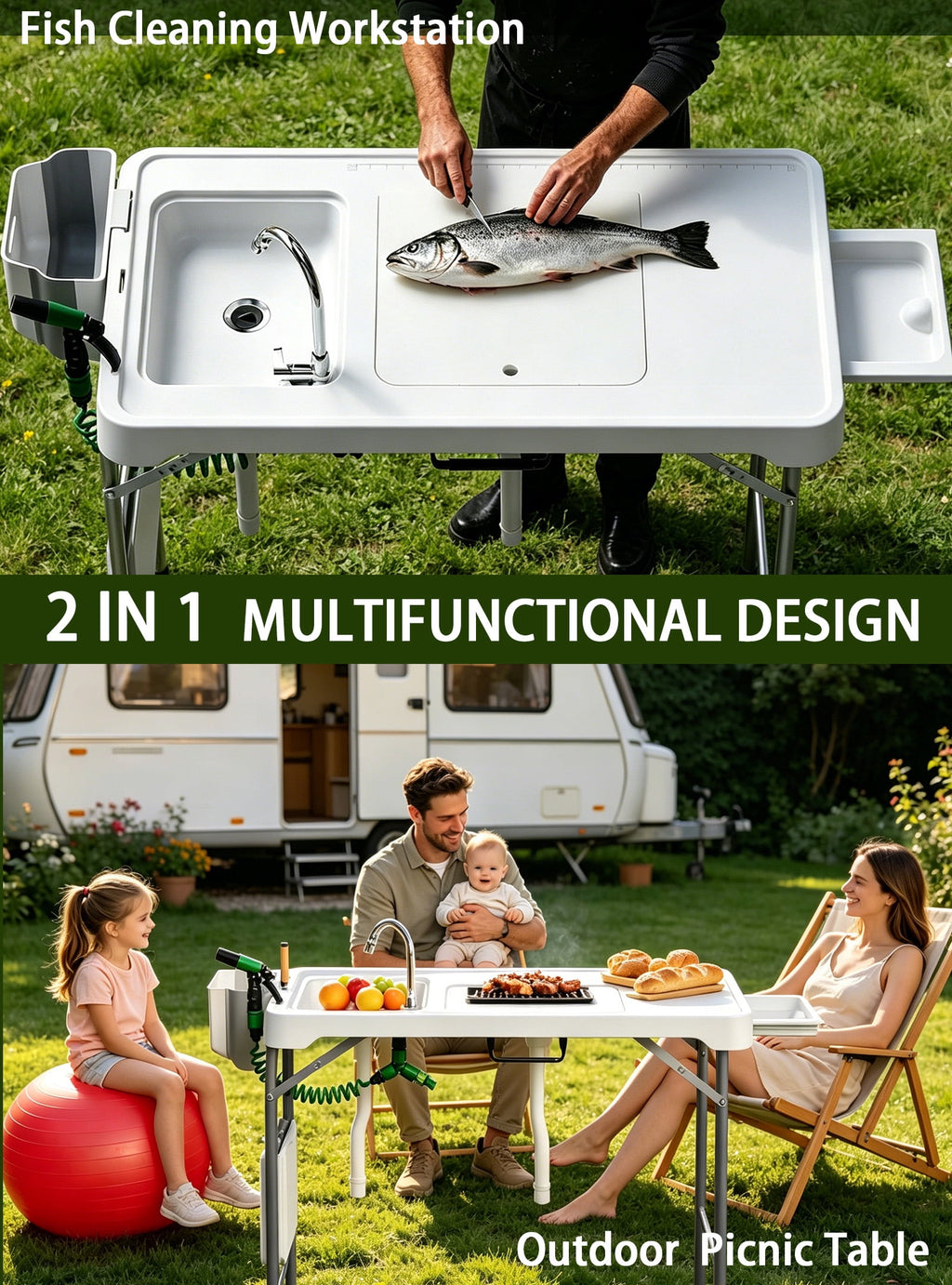 EVOKEDEN 42.5 Fish Cleaning Table w/ Sink, Folding Camping Table & Fish Cleaning Station w/ Measure Mark