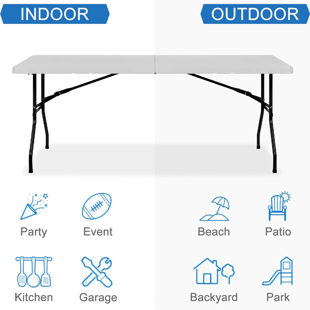 Jopath 6 Foot Folding Table,White Plastic Folding Table,Built-in Handle,Indoor Outdoor Table for Picnic Party Dining Camping,White