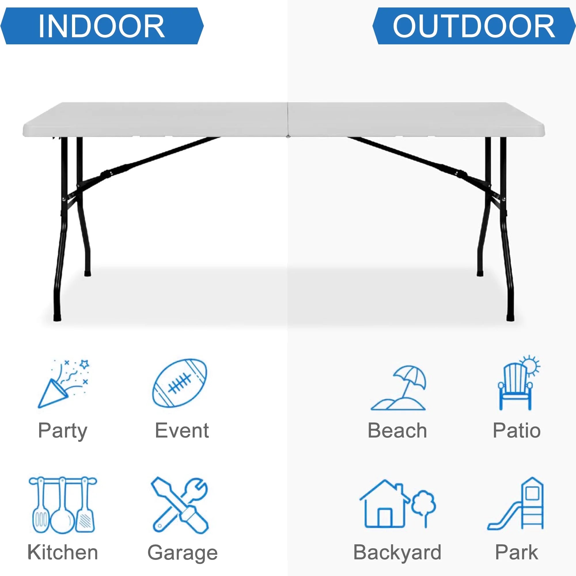 Jopath 6 Foot Folding Table,White Plastic Folding Table,Built-in Handle,Indoor Outdoor Table for Picnic Party Dining Camping,White