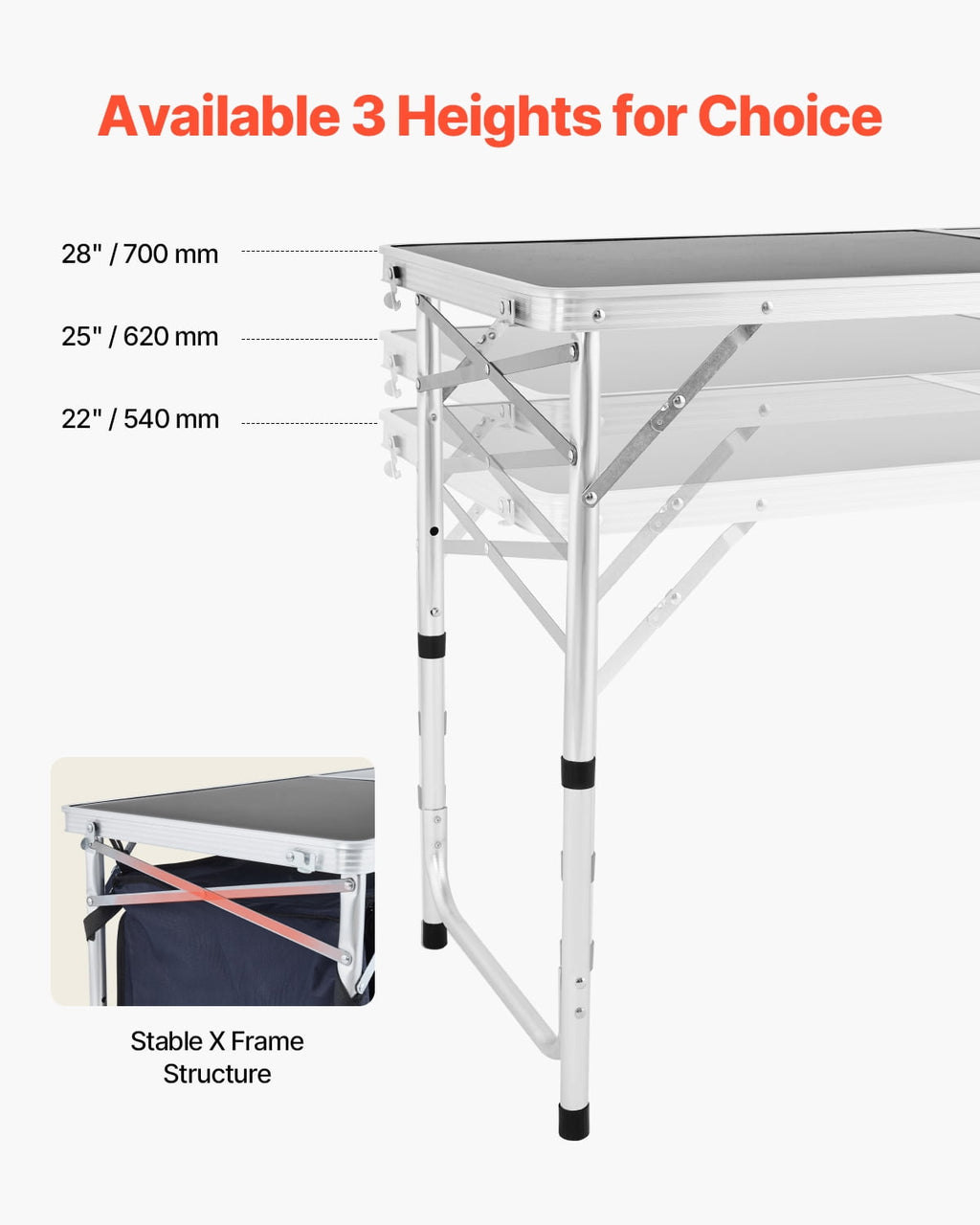 VEVOR Camping Kitchen Table, Quick set-up Folding Camping Table with A Carrying Bag, 3 Adjustable Heights, MDF Camping Table, Ideal for Outdoor Picnics, BBQs, Camping, RV Traveling