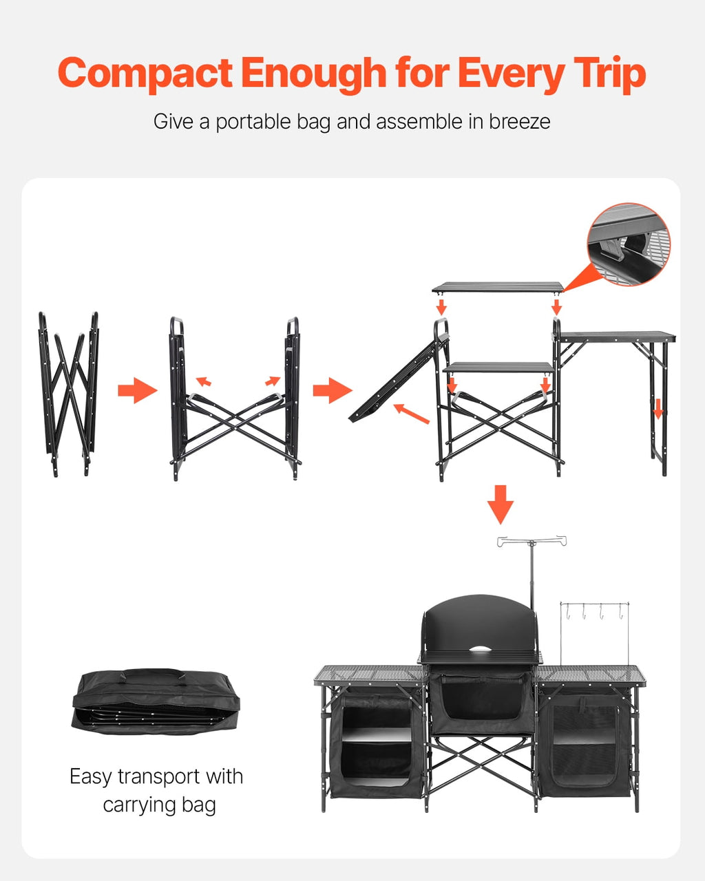 VEVOR Camping Kitchen Table, Quick set-up Folding Camping Table with A Carrying Bag, 3 Adjustable Heights, MDF Camping Table, Ideal for Outdoor Picnics, BBQs, Camping, RV Traveling