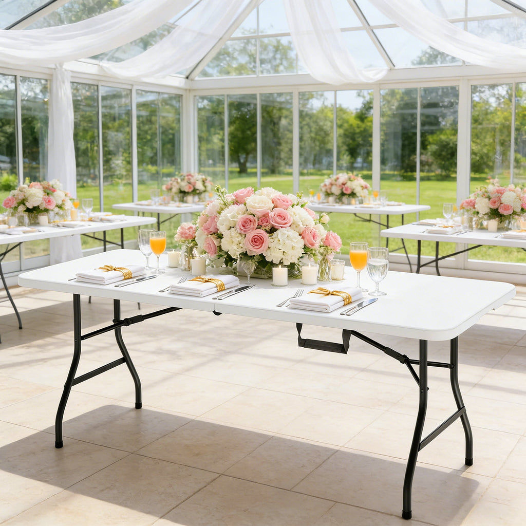 WASUHE Folding Table 4 FT Lightweight Table, Fold-in-Half Plastic Rectangular Table Metal Legs, Easy to Store, Perfect for Party, Dining, Wedding, Events, White