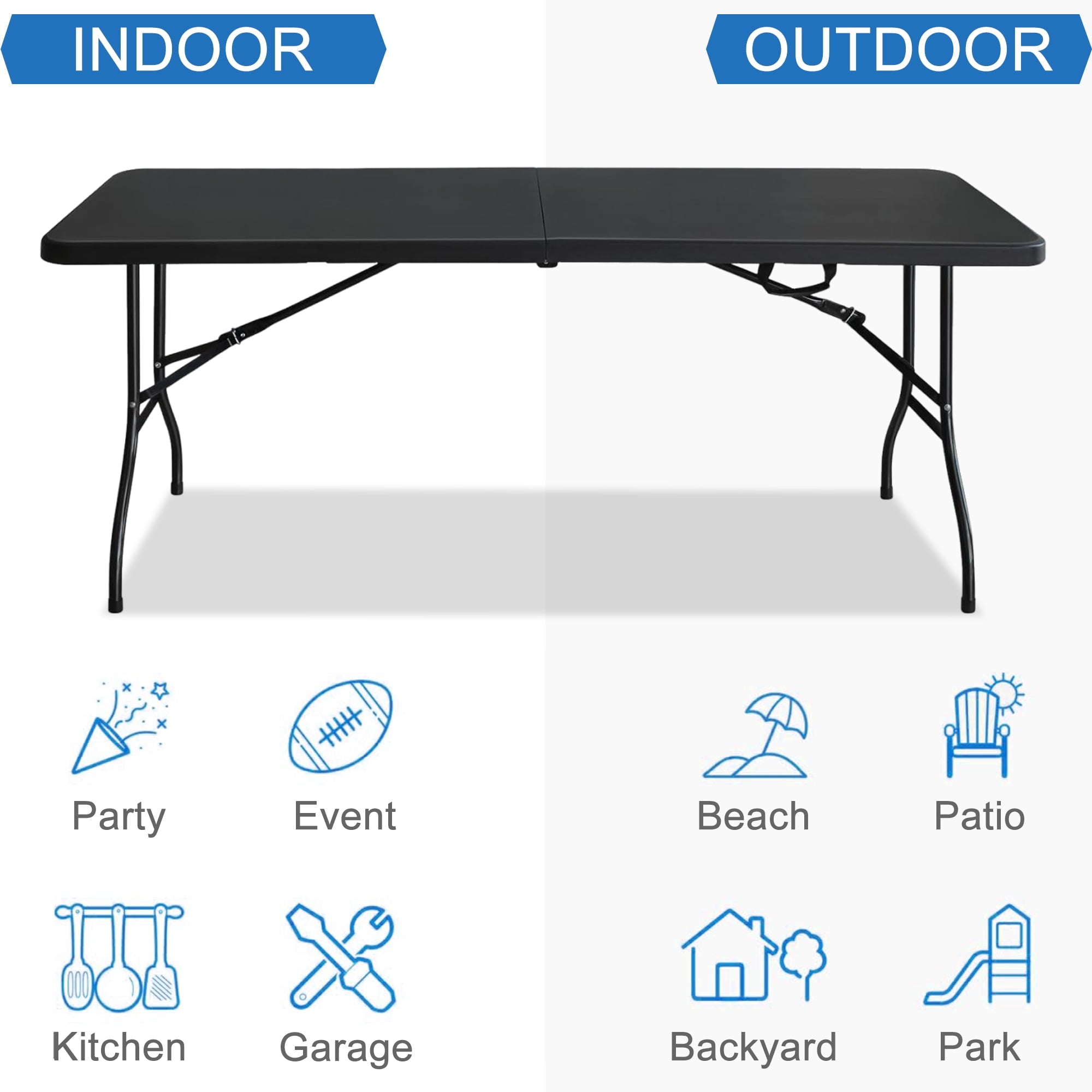 Leumius 6 Foot Folding Table,Fold-in-Half Plastic Table,Indoor Outdoor Picnic Party Dining Camp Tables,White