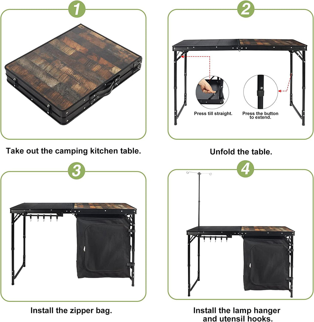 REDCAMP Extra Long Camping Kitchen Tri-Fold Table with Storage Organizer, Folding Camping Cook Station Grill Table Portable for Party Courtyard Picnic