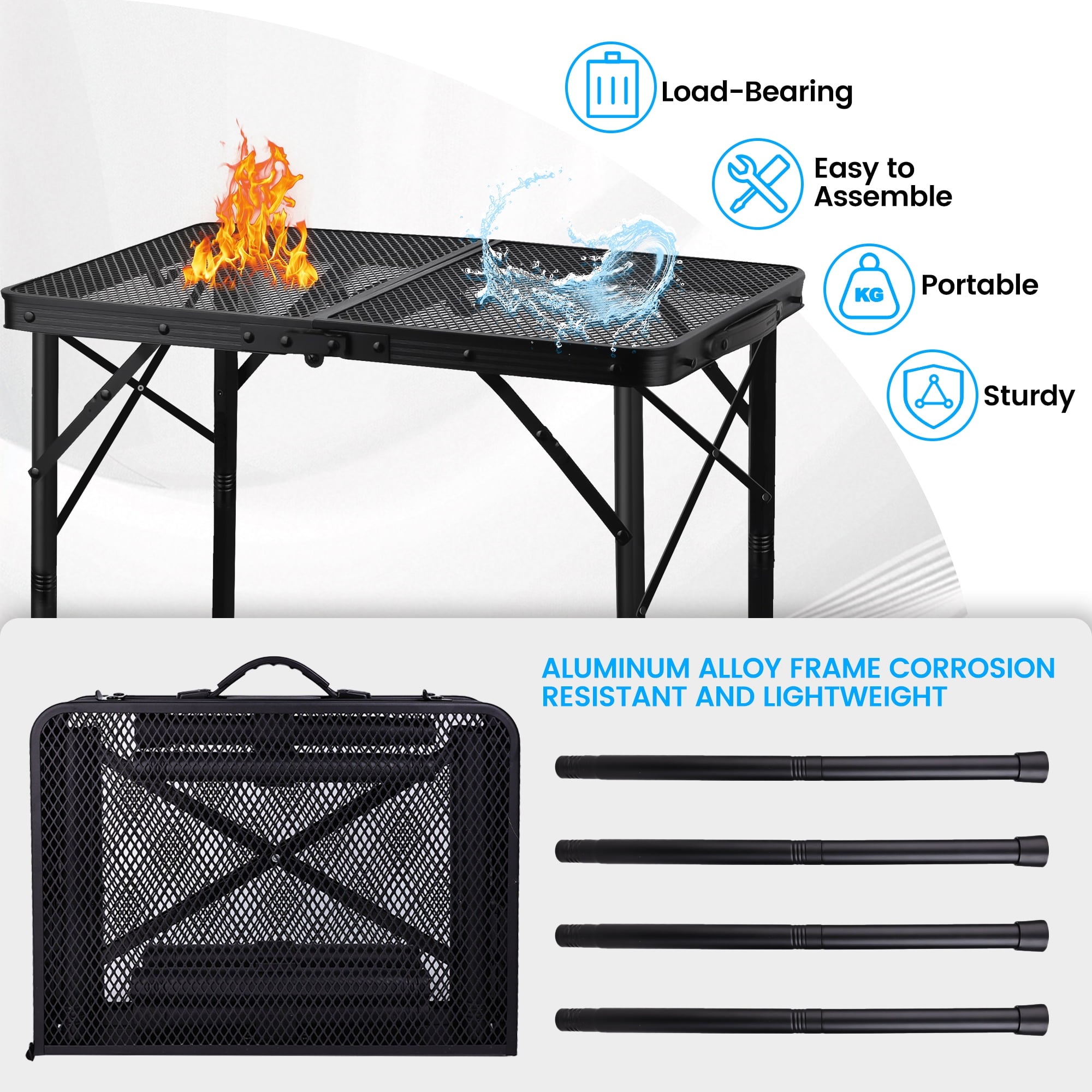 OHHANI Folding Grill Table, 3 ft Portable Outdoor Bbq Picnic Table, Easy Storage for Camping, Black