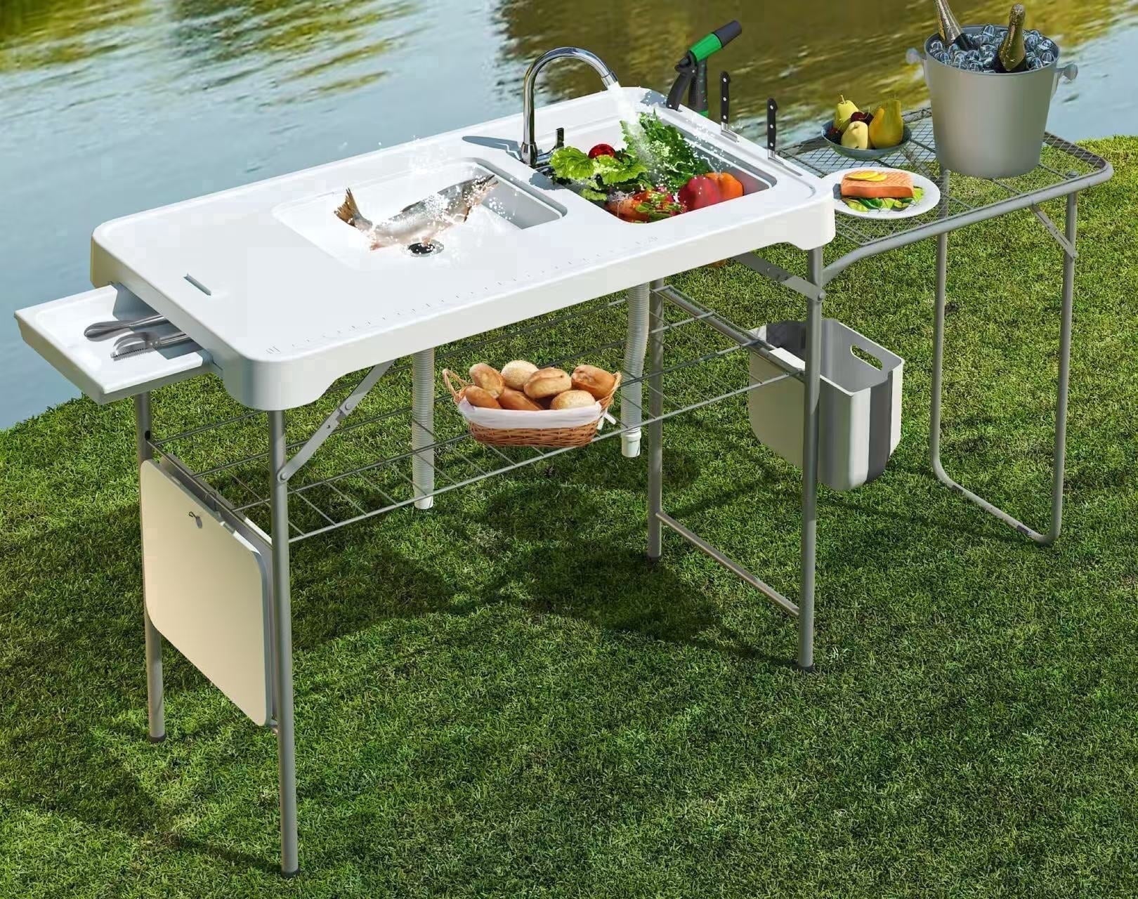 EVOKEDEN 42.5 Fish Cleaning Table w/ Sink, Folding Camping Table & Fish Cleaning Station w/ Measure Mark