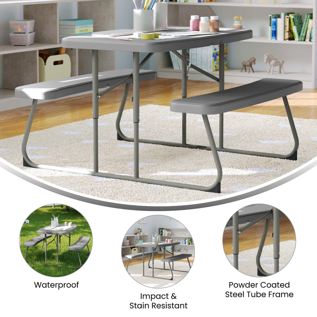 BizChair Easy-Fold Gray Folding Plastic Kids Outdoor Picnic Table and Benches - Commercial Grade - Seating for 4 Kids