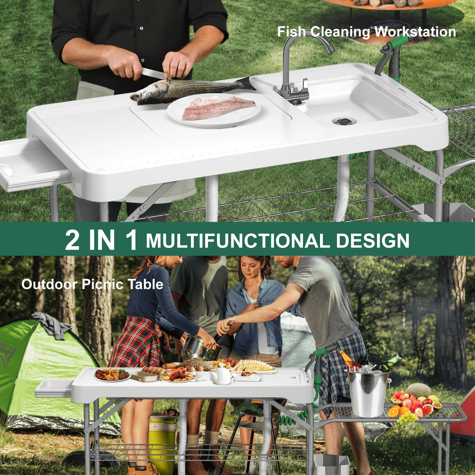 EVOKEDEN 42.5 Fish Cleaning Table w/ Sink, Folding Camping Table & Fish Cleaning Station w/ Measure Mark