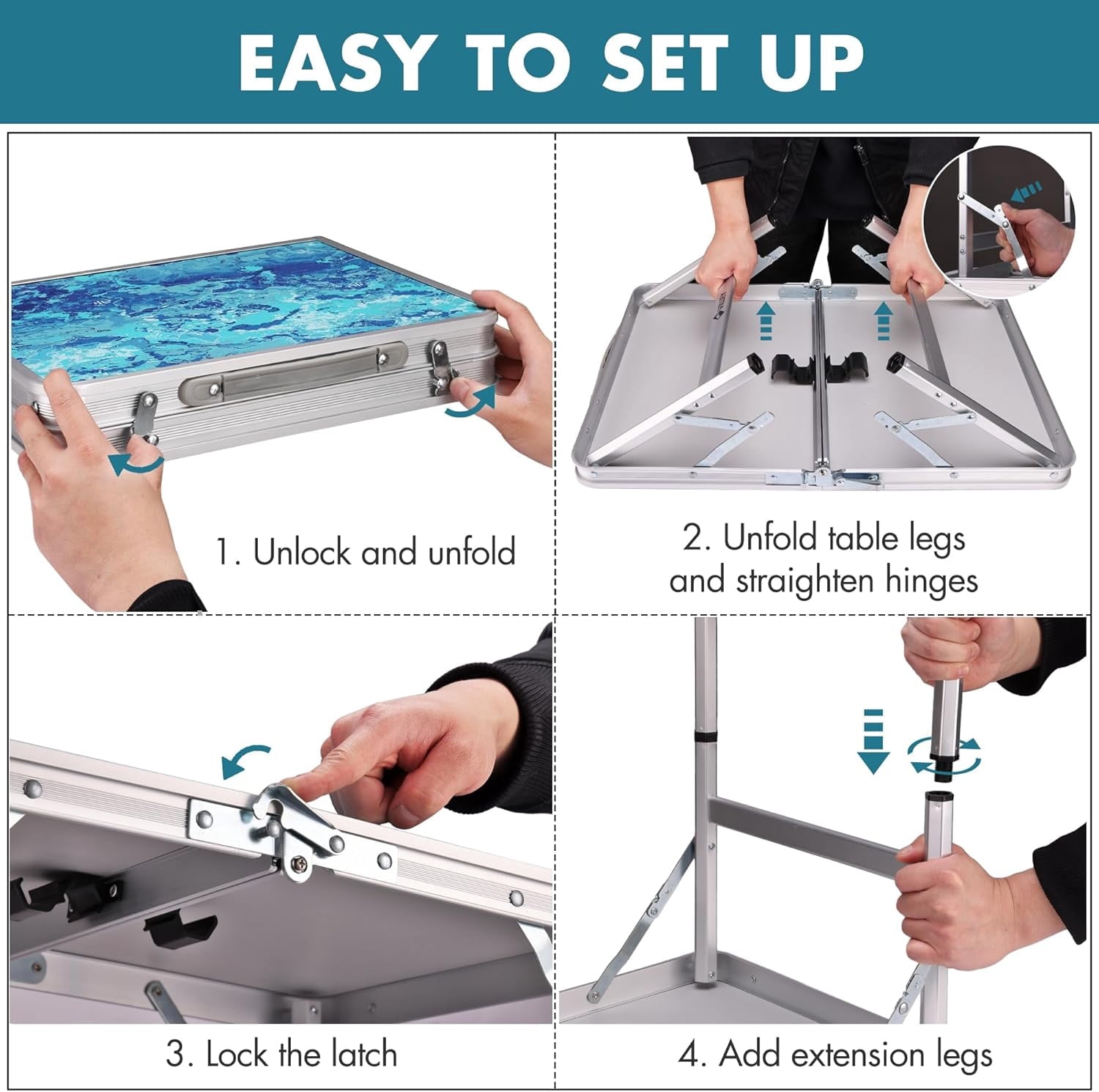 VILLEY Folding Camping Table 2FT, Adjustable Height Portable Aluminum Picnic Table with Carry Handle for Outdoor, BBQ, Beach