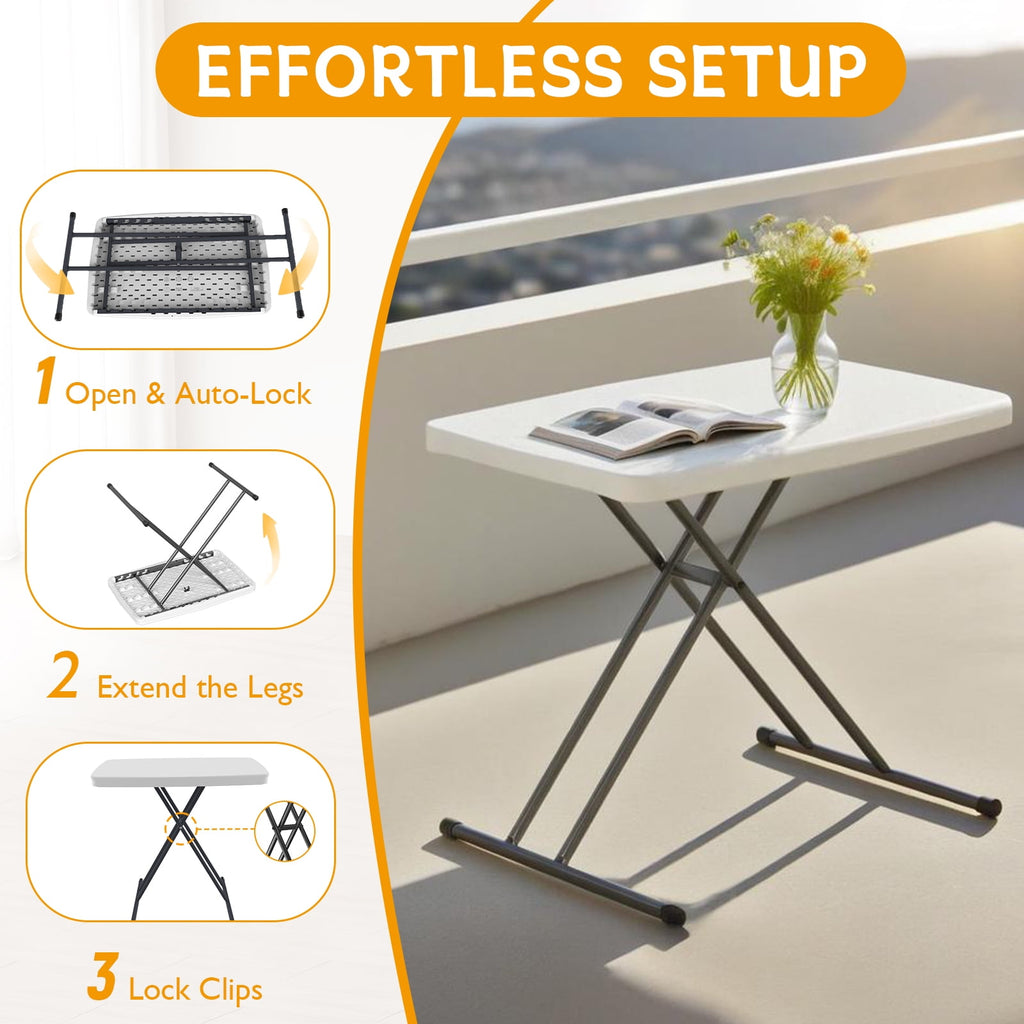 WASUHE 30 Small Folding Table, Height Adjustment Tv Tray Table, Practical Portable Tv Dinner Table for Eating, Sofa, Indoor/Outdoor, White