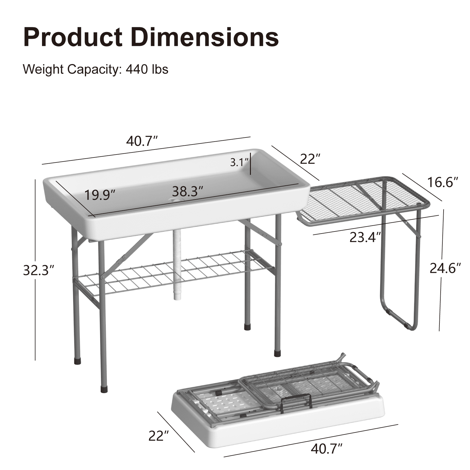 EVOKEDEN 42.5 Fish Cleaning Table w/ Sink, Folding Camping Table & Fish Cleaning Station w/ Measure Mark