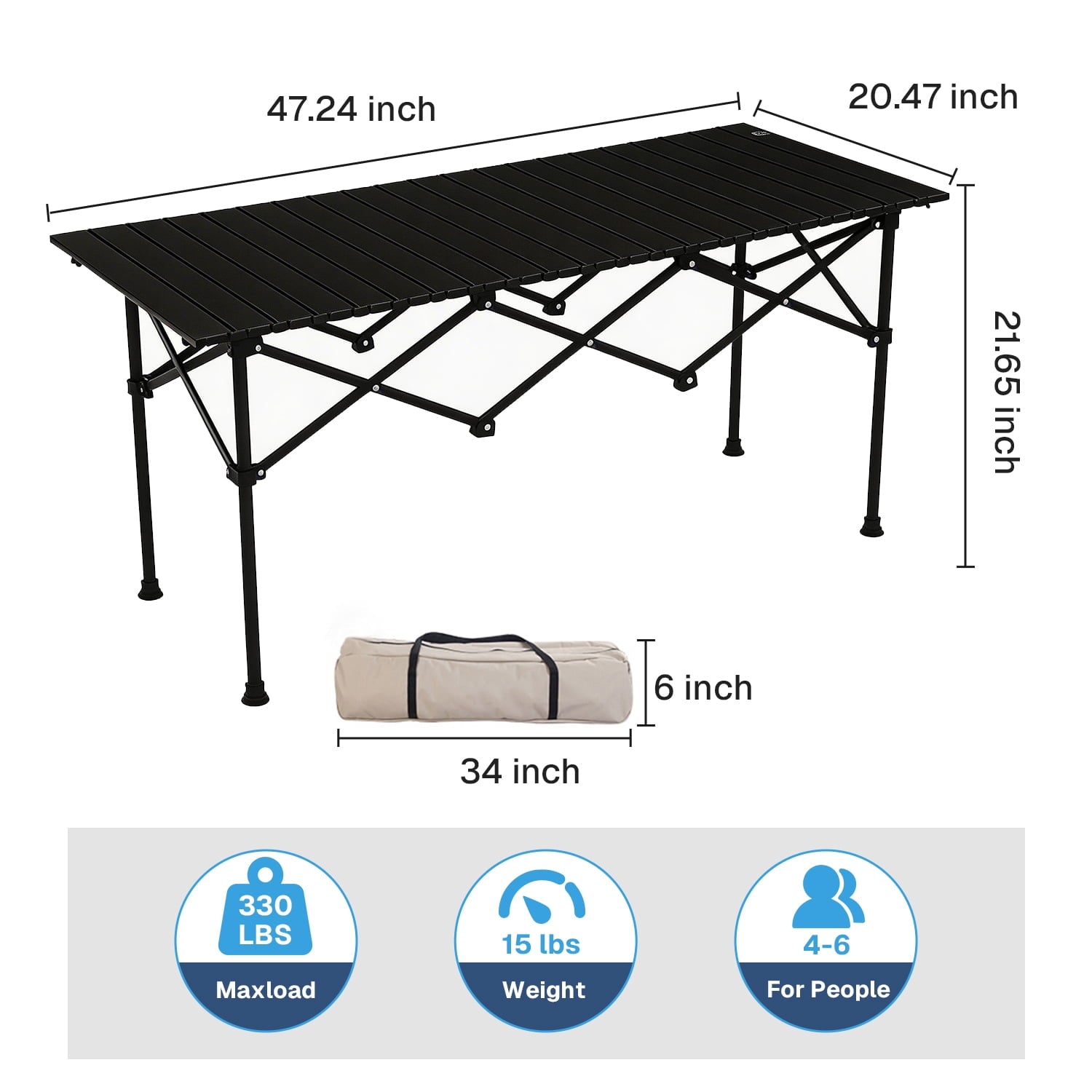 BN-LINK Folding Table Camping Table for Outdoor Barbecue Picnic Table Outdoor Table Garden Table,Lightweight with Carry Bag,47.2 L x 20.5 W x 22 H, Black