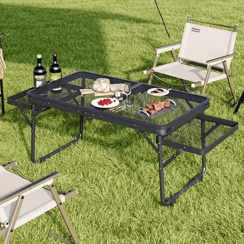 SROEDTY 40 Inch Folding Metal BBQ Grill Table, Adjustable Height Outdoor Cooking Table with 2 Side Tables, Lightweight Portable Design for Camping, Picnic and Backyard Barbecue