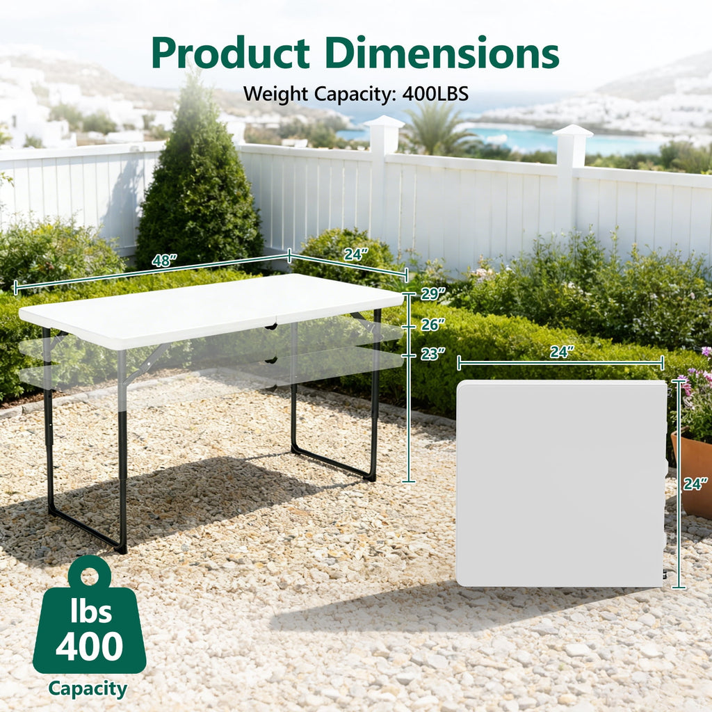 WASUHE Folding Table 4 FT Lightweight Table, Fold-in-Half Plastic Rectangular Table Metal Legs, Easy to Store, Perfect for Party, Dining, Wedding, Events, White