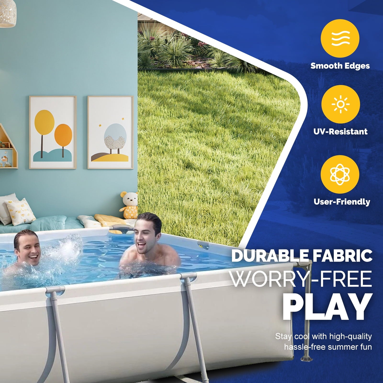 Honeydrill 6.2ft x 4.2ft x 16.5in Rectangular Metal Frame Above Ground Swimming Pool for Family, Blue