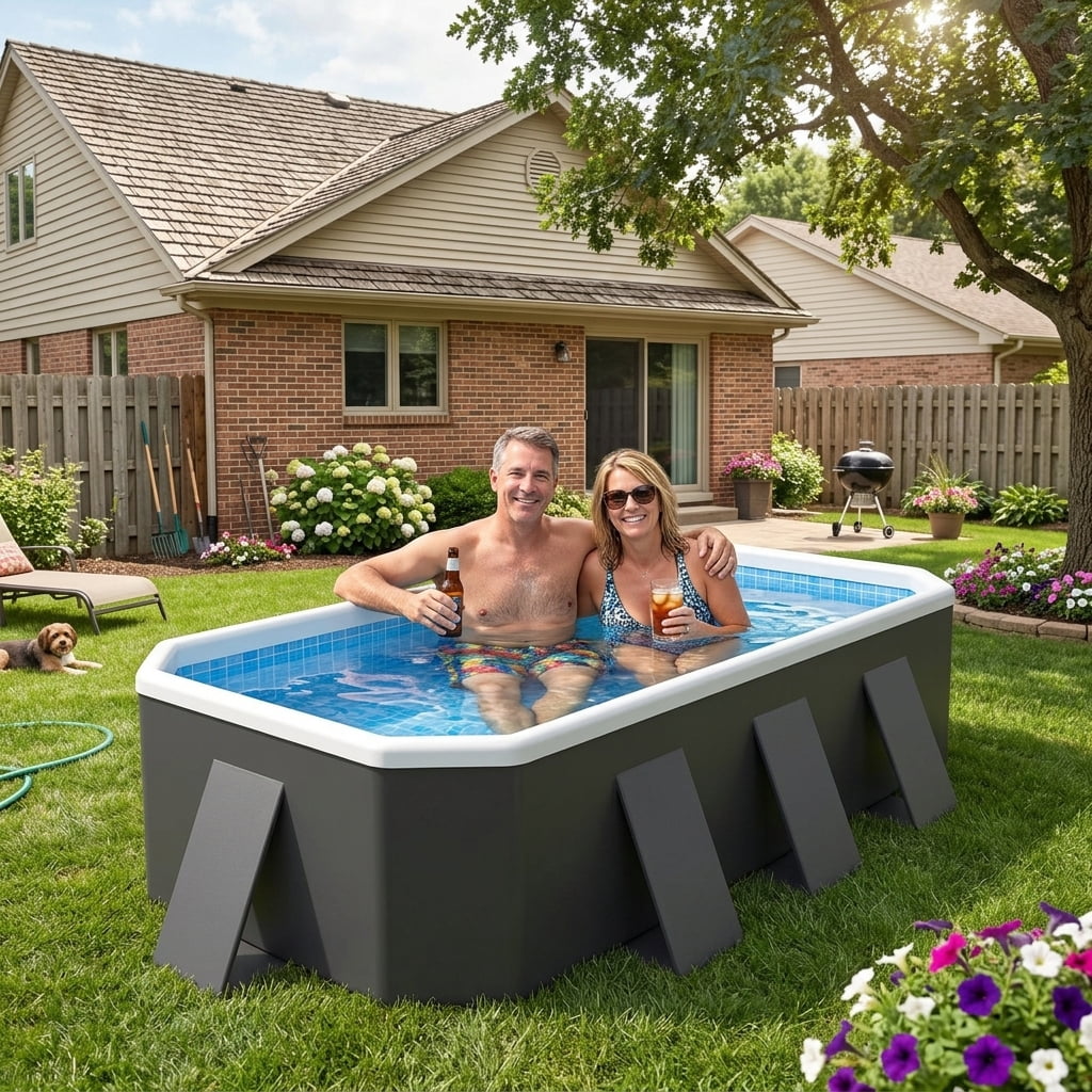 Hurber Foldable Swimming Pool, Large Non-Inflatable Adults Kiddie Outdoor Pools, Blue, 113 x 66 x 20