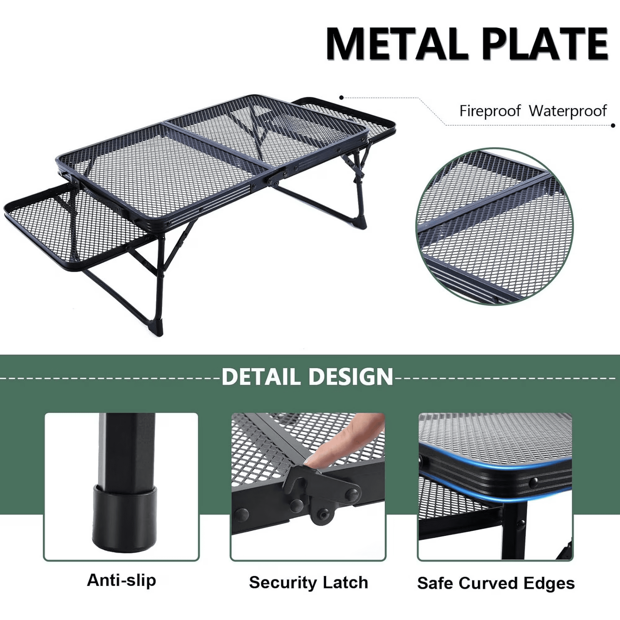 SROEDTY 40 Inch Folding Metal BBQ Grill Table, Adjustable Height Outdoor Cooking Table with 2 Side Tables, Lightweight Portable Design for Camping, Picnic and Backyard Barbecue