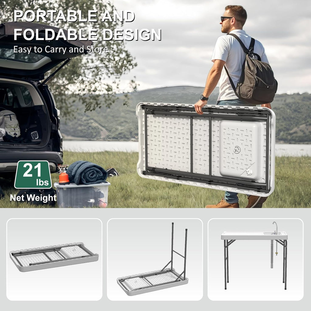 EVOKEDEN 42.5 Fish Cleaning Table w/ Sink, Folding Camping Table & Fish Cleaning Station w/ Measure Mark
