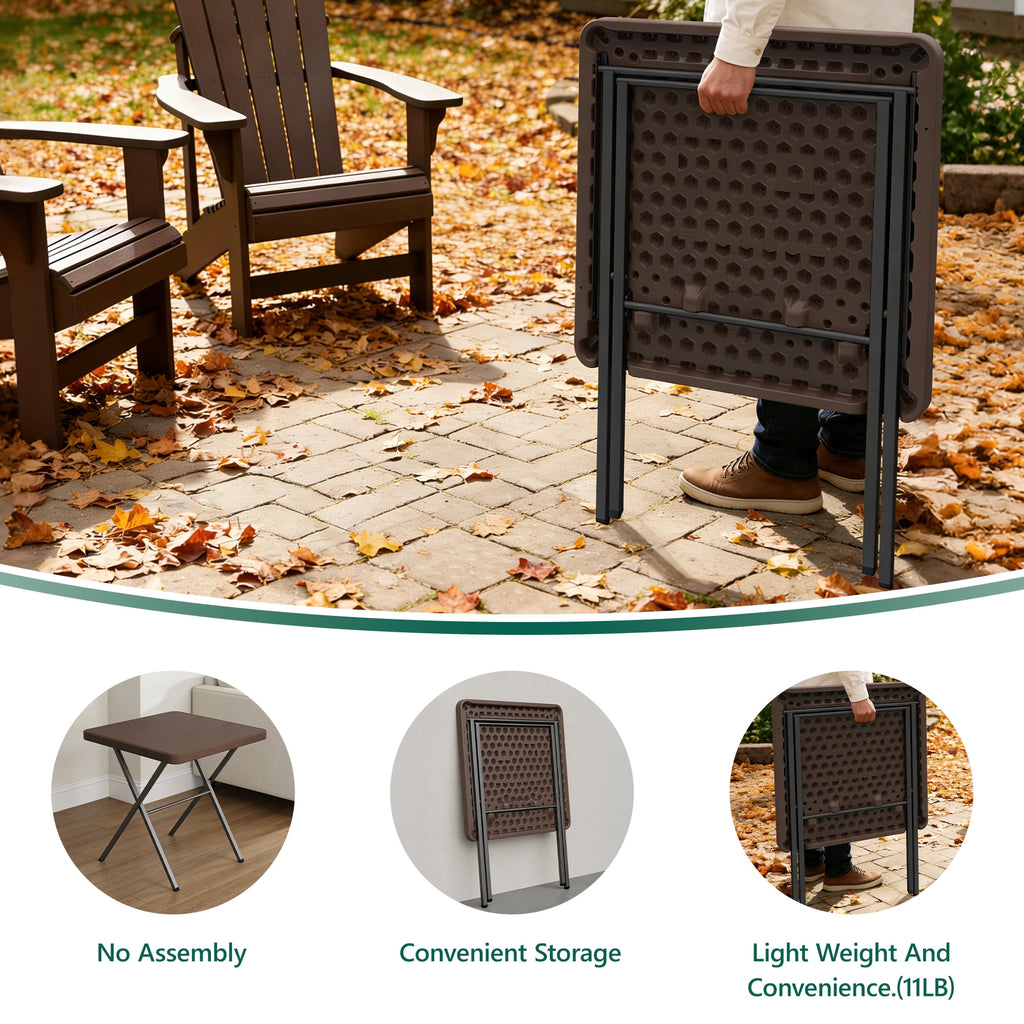WLLJOY 27 Inch Patio Coffee Folding Table, Firm Utility Square Tea Table, Metal Rust-Proof Frame, for Patio, Garden, Picnic, Outside Portable Brown