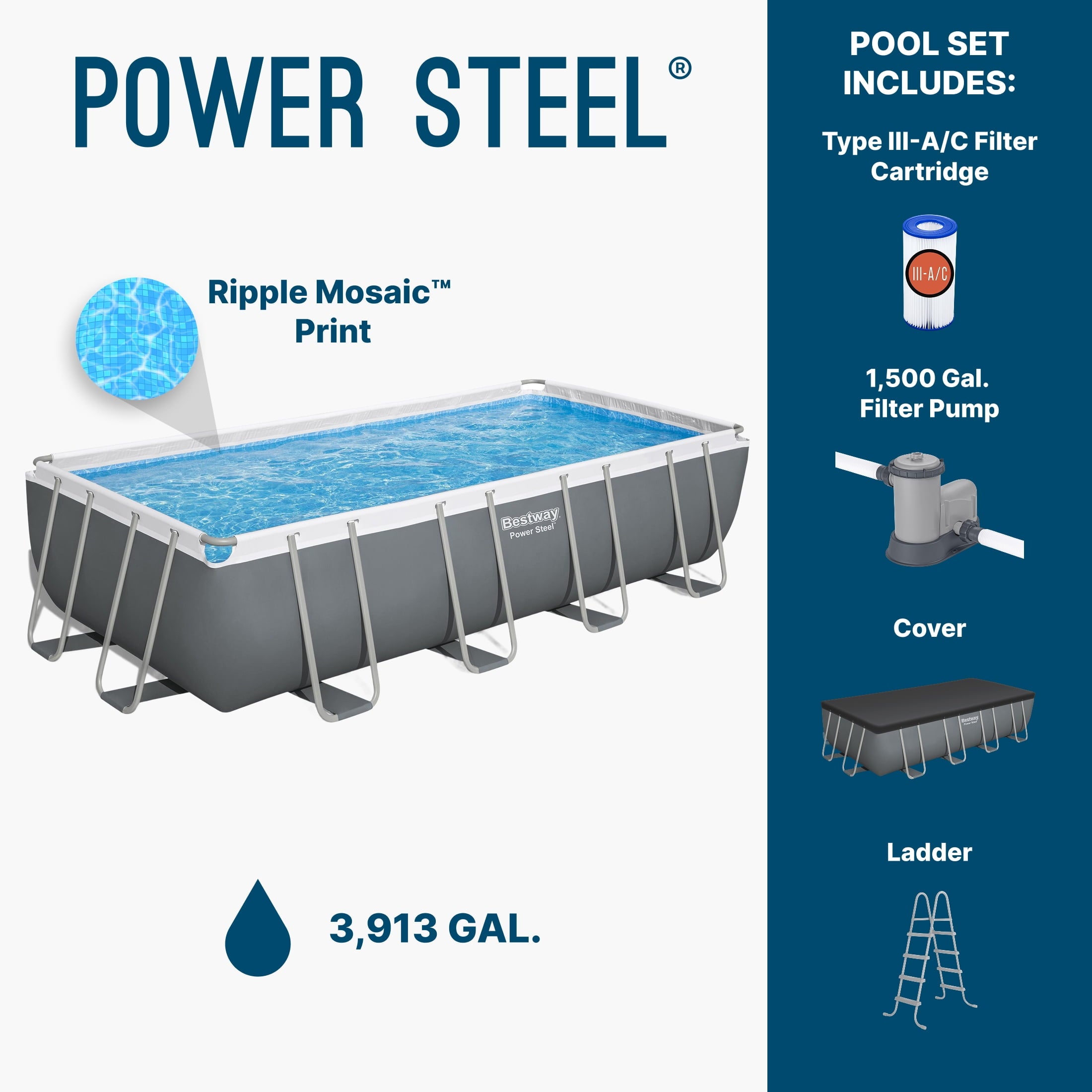 Bestway Power Steel 24’ x 12' x 52” Metal Frame Above Ground Pool, Gray