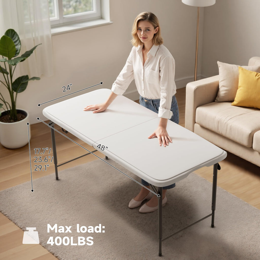 Folding Table 4 Foot - 3-Position Adjustable Height, Heavy Duty 400 lbs Capacity - Portable Tables Folding for Camping, Party, Indoor & Outdoor Use, 1 Pack