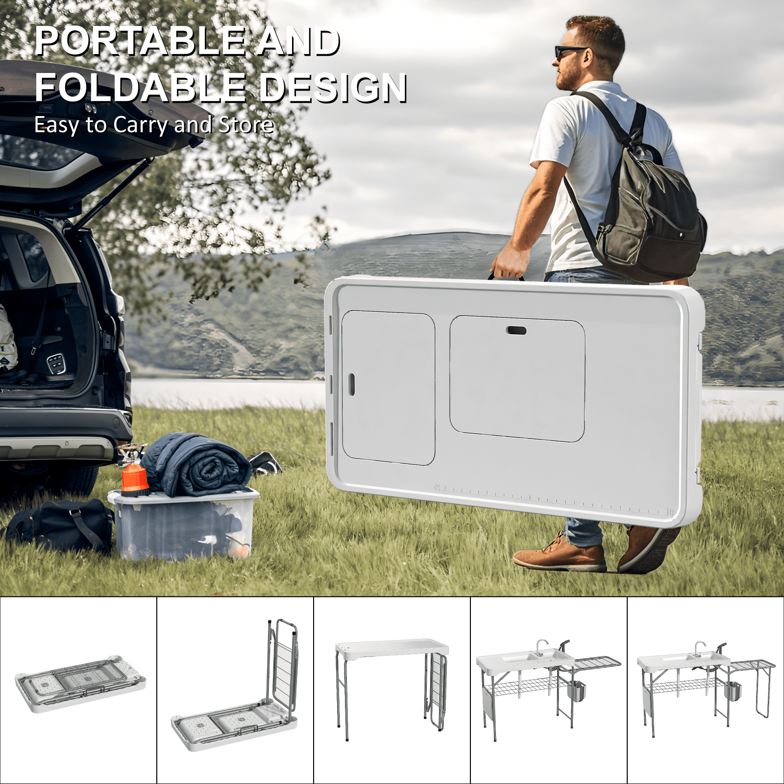 EVOKEDEN 42.5 Fish Cleaning Table w/ Sink, Folding Camping Table & Fish Cleaning Station w/ Measure Mark