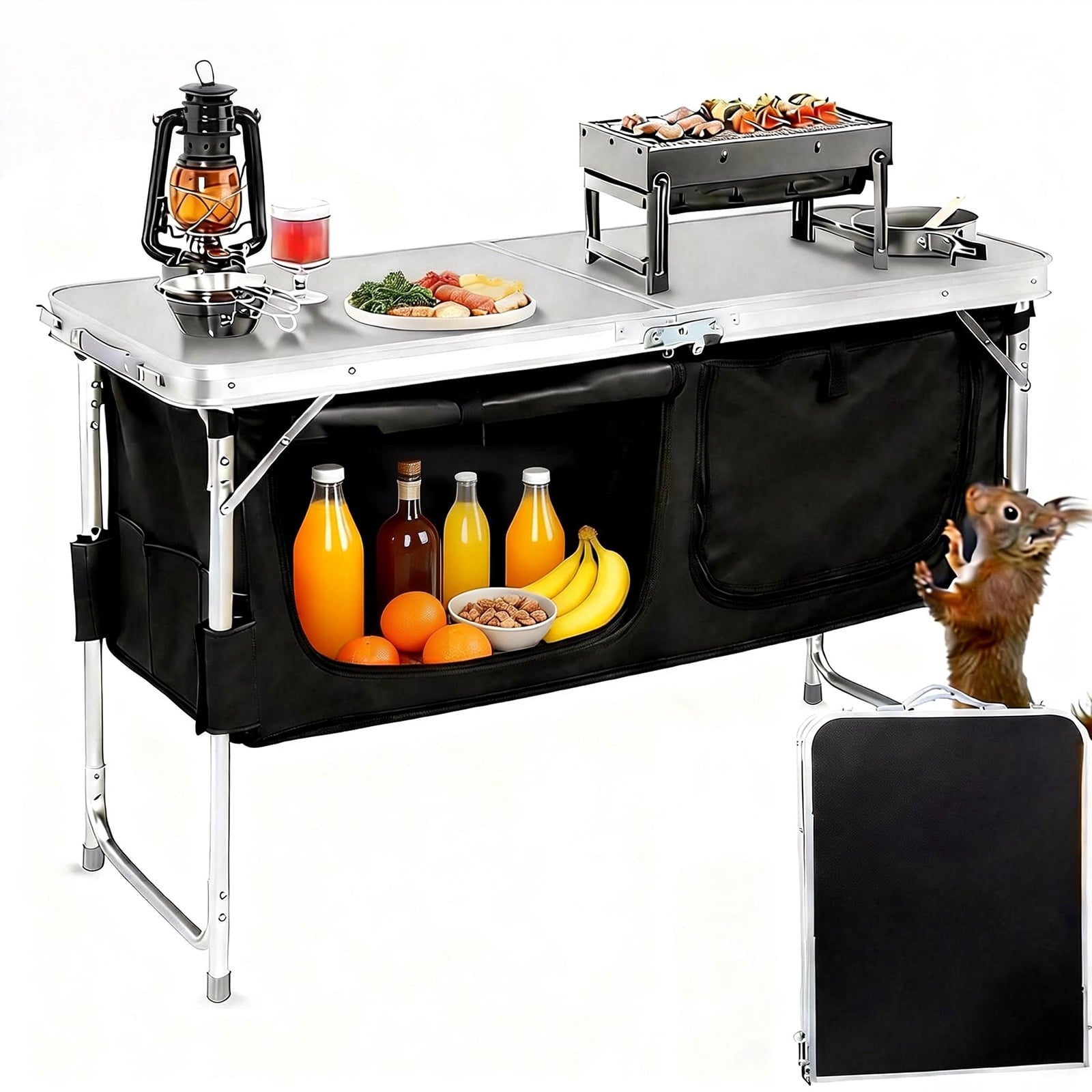 Acpouw 4 ft Folding Camping Table with Storage, Camping Kitchen Station, Aluminum Portable Folding Table Camp Cook Desk with Storage Organizer and 2 Adjustable feet, White