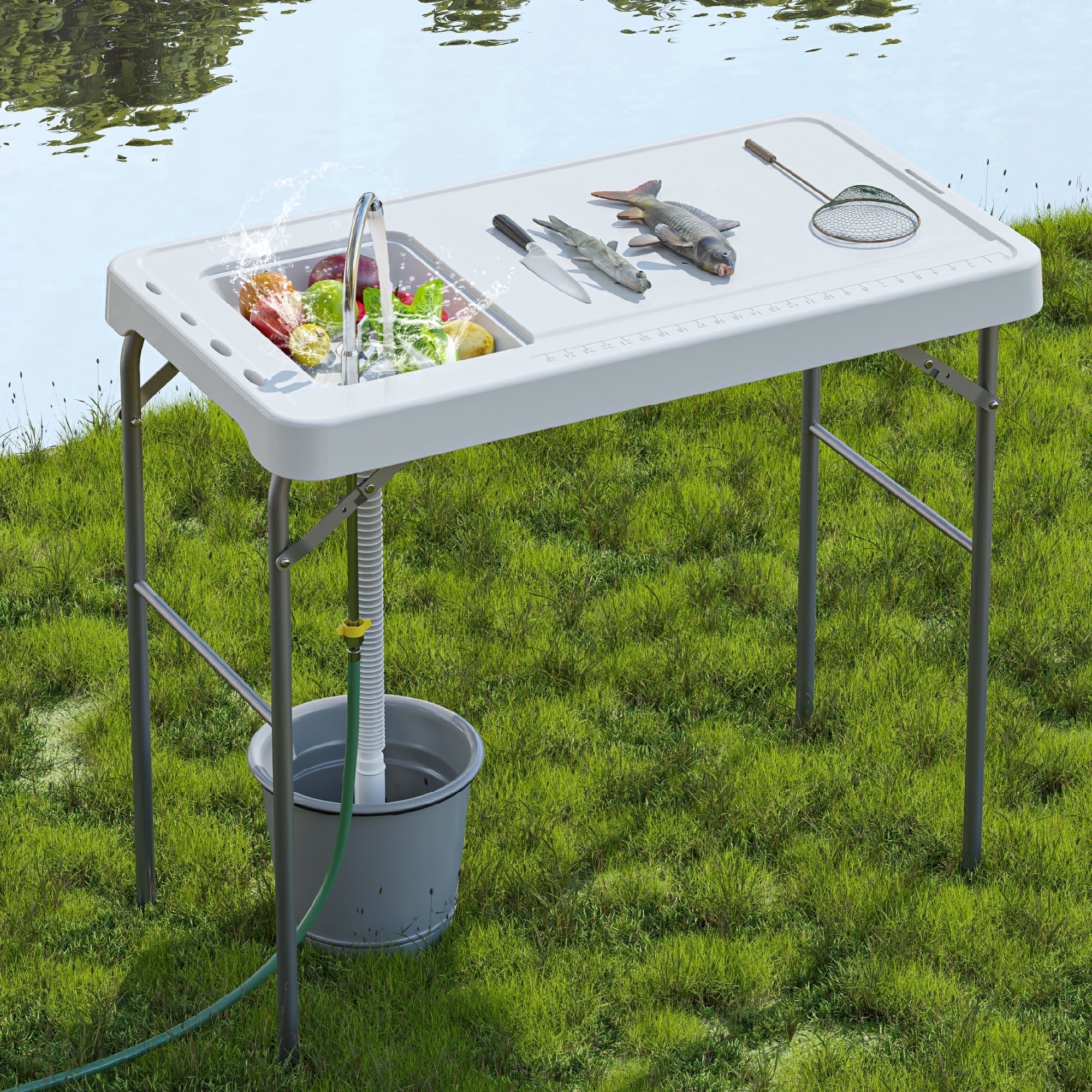 EVOKEDEN 42.5 Fish Cleaning Table w/ Sink, Folding Camping Table & Fish Cleaning Station w/ Measure Mark