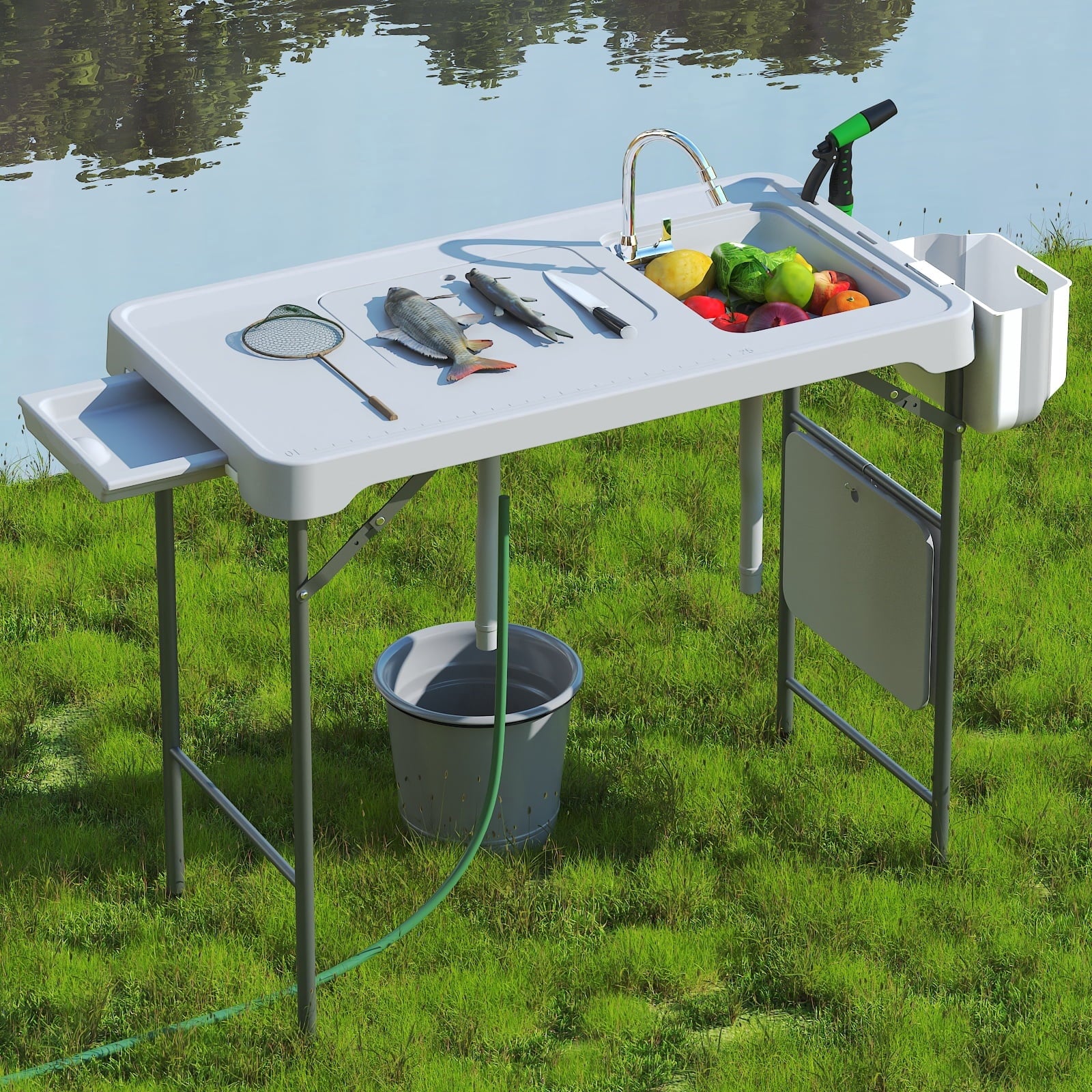 EVOKEDEN 42.5 Fish Cleaning Table w/ Sink, Folding Camping Table & Fish Cleaning Station w/ Measure Mark