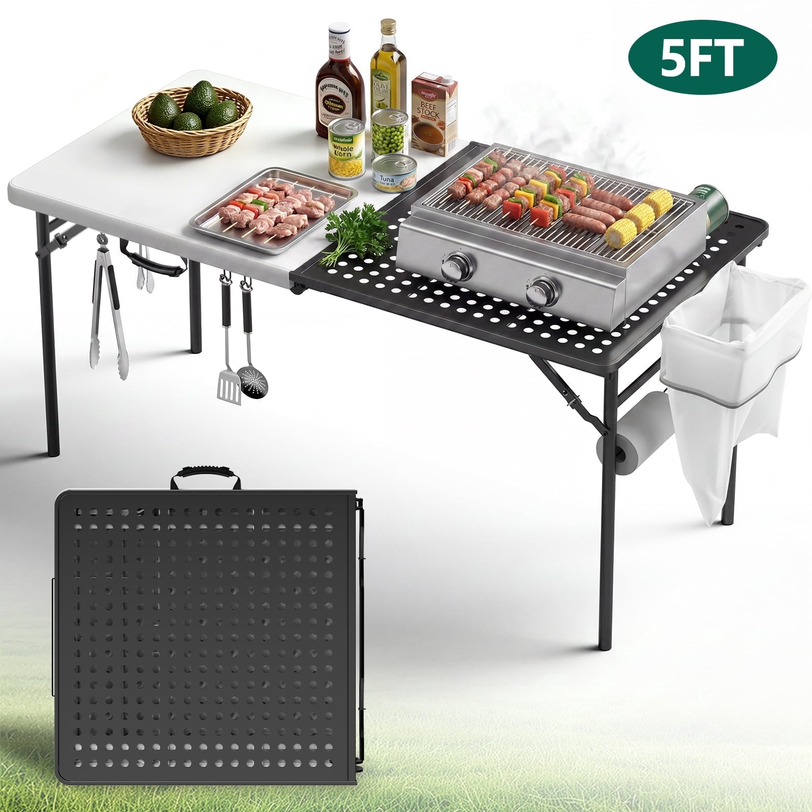 HaiNova Outdoor Folding Grill Table, 5 Foot Cook Table with Storage for Cooking Accessories, Foldable & Portable for Picnic, BBQ, and Party