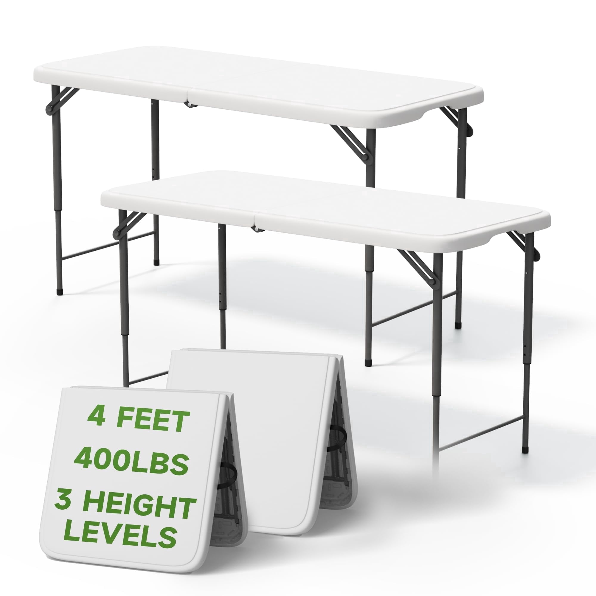 Folding Table 4 Foot - 3-Position Adjustable Height, Heavy Duty 400 lbs Capacity - Portable Tables Folding for Camping, Party, Indoor & Outdoor Use, 1 Pack