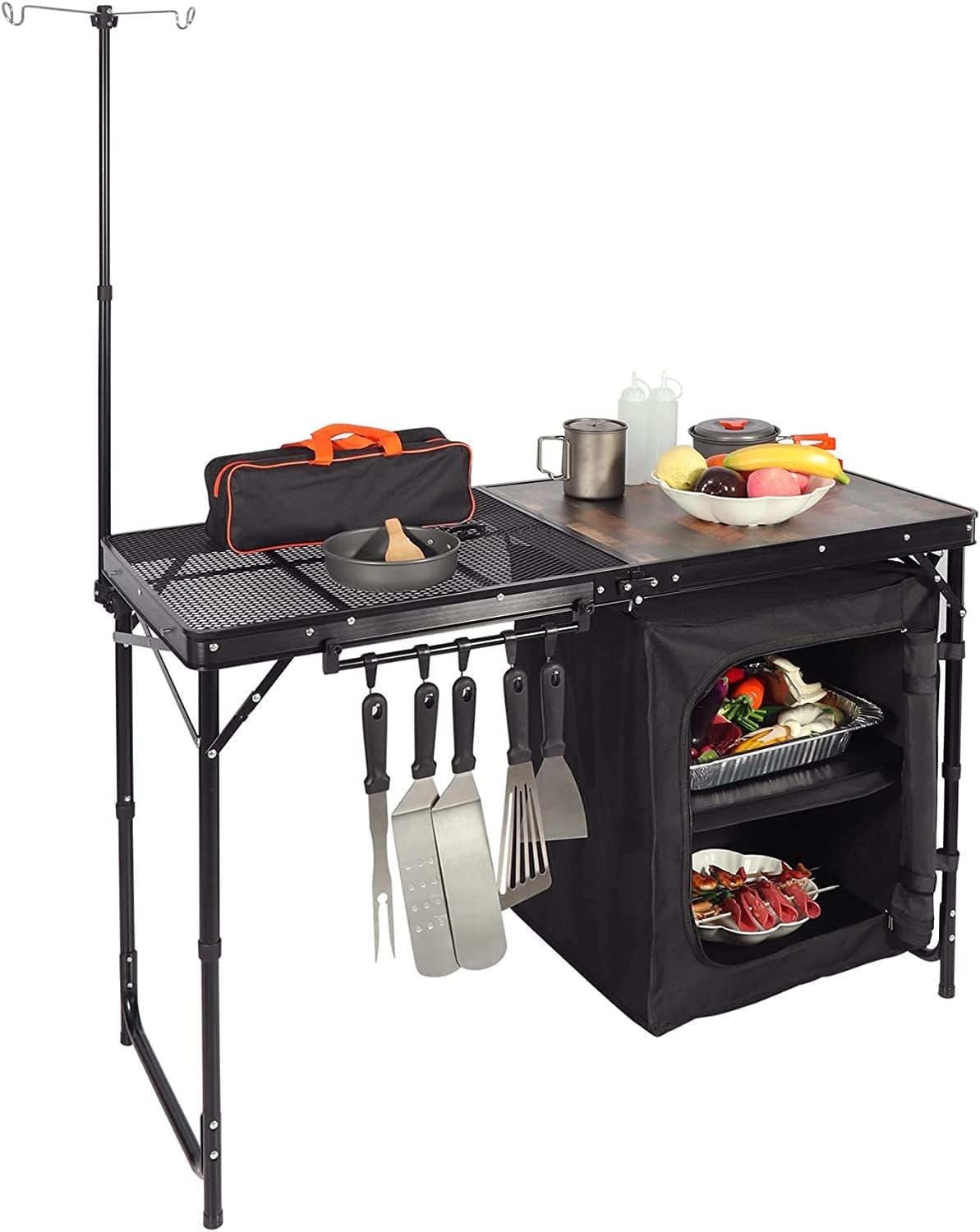 REDCAMP Extra Long Camping Kitchen Tri-Fold Table with Storage Organizer, Folding Camping Cook Station Grill Table Portable for Party Courtyard Picnic