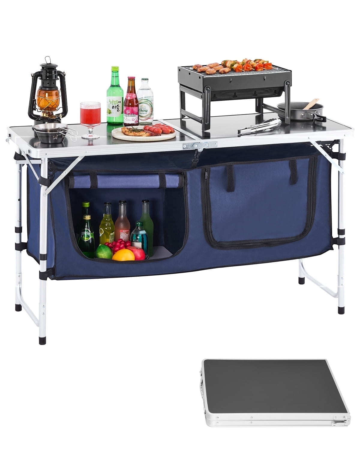 VEVOR Camping Kitchen Table, Quick set-up Folding Camping Table with A Carrying Bag, 3 Adjustable Heights, MDF Camping Table, Ideal for Outdoor Picnics, BBQs, Camping, RV Traveling