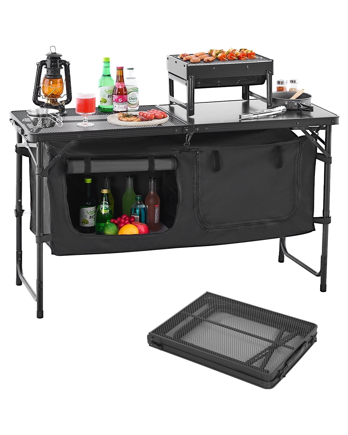 VEVOR Camping Kitchen Table, Quick set-up Folding Camping Table with A Carrying Bag, 3 Adjustable Heights, MDF Camping Table, Ideal for Outdoor Picnics, BBQs, Camping, RV Traveling