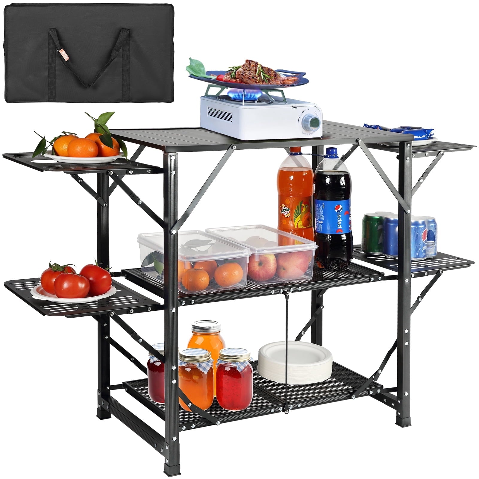 VEVOR Camping Kitchen Table, Quick set-up Folding Camping Table with A Carrying Bag, 3 Adjustable Heights, MDF Camping Table, Ideal for Outdoor Picnics, BBQs, Camping, RV Traveling