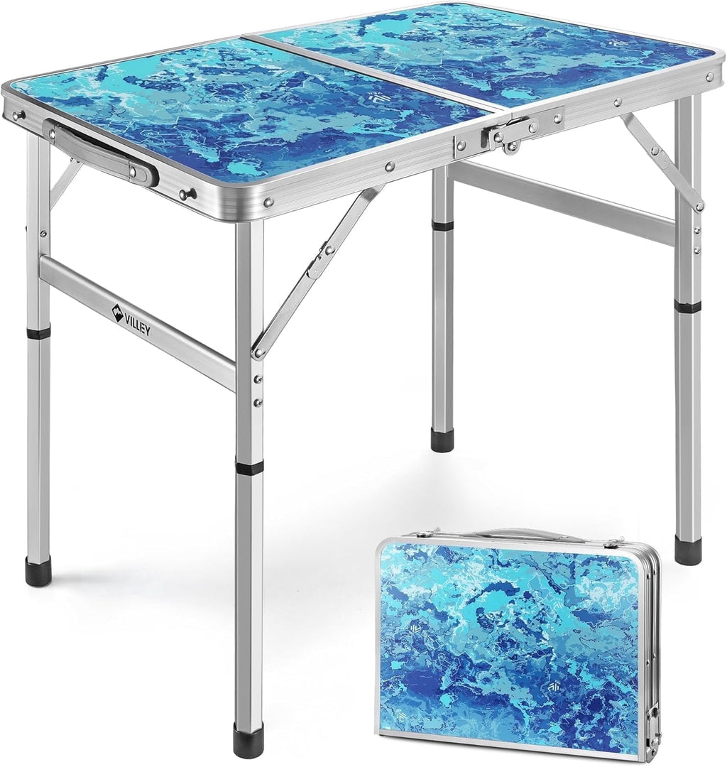 VILLEY Folding Camping Table 2FT, Adjustable Height Portable Aluminum Picnic Table with Carry Handle for Outdoor, BBQ, Beach
