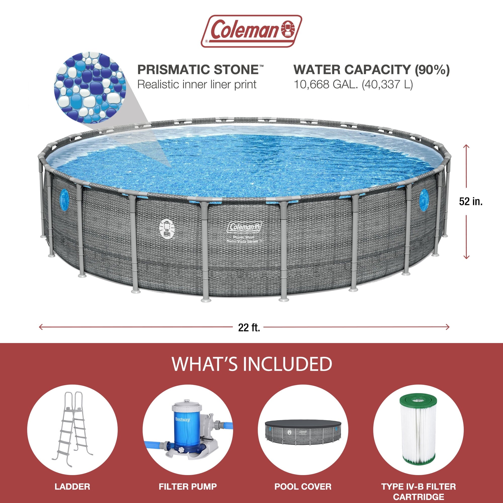 Coleman Power Steel 22’x52” Metal Frame Above Ground Pool w/ Pump, Ladder, & Cover, Gray