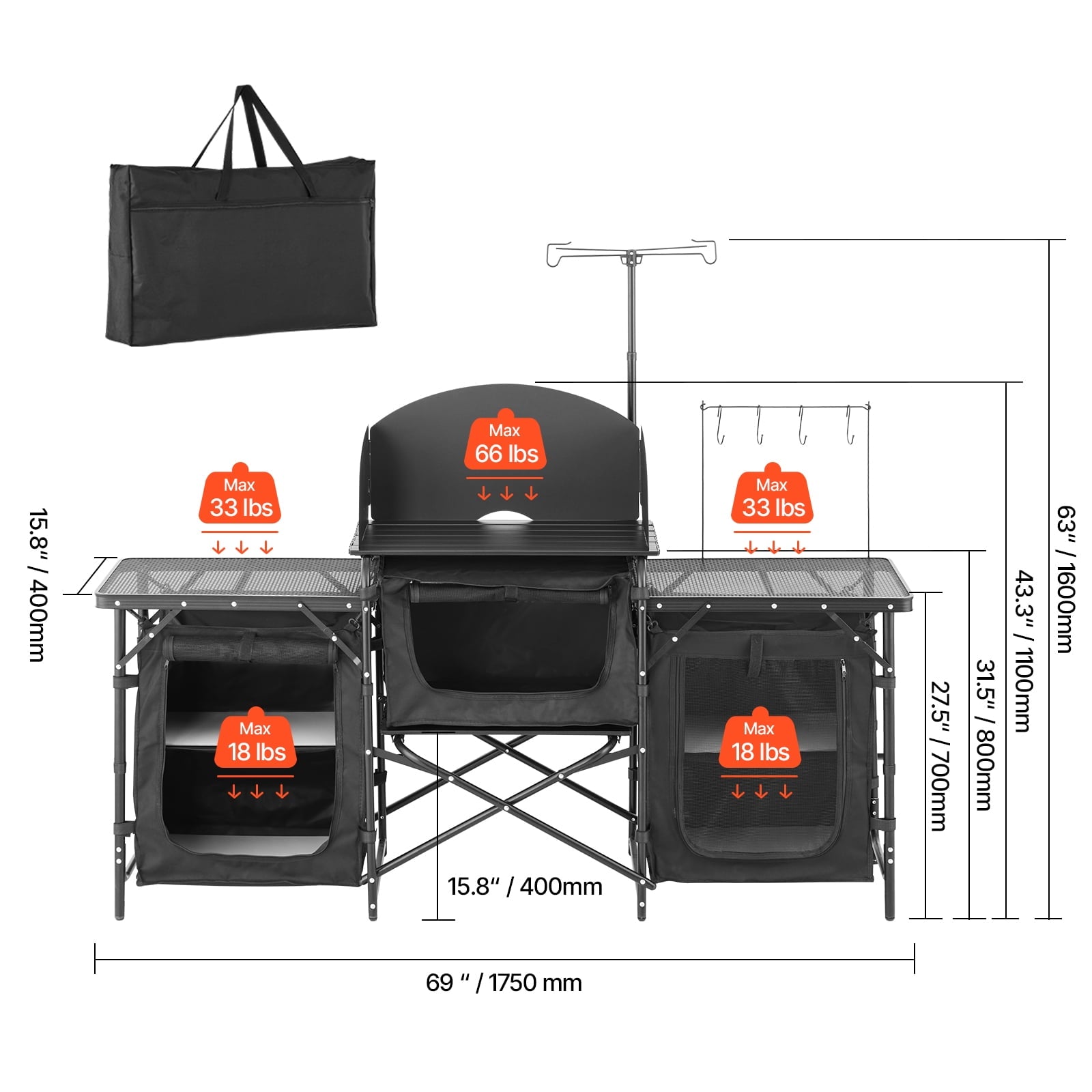 VEVOR Camping Kitchen Table, Quick set-up Folding Camping Table with A Carrying Bag, 3 Adjustable Heights, MDF Camping Table, Ideal for Outdoor Picnics, BBQs, Camping, RV Traveling