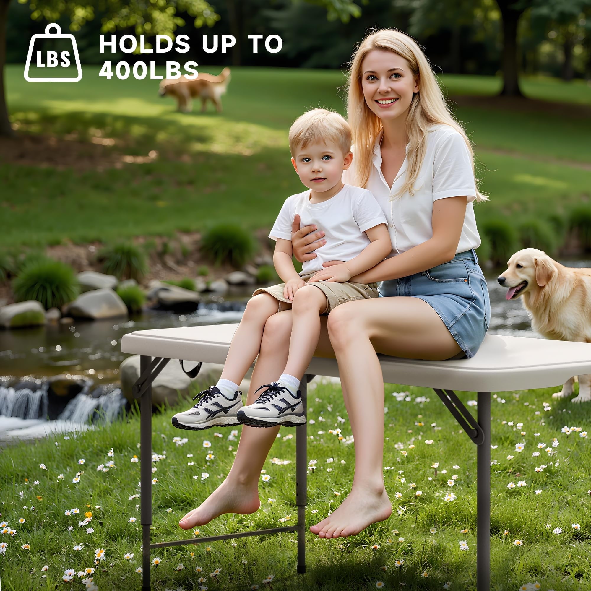 Folding Table 4 Foot - 3-Position Adjustable Height, Heavy Duty 400 lbs Capacity - Portable Tables Folding for Camping, Party, Indoor & Outdoor Use, 1 Pack
