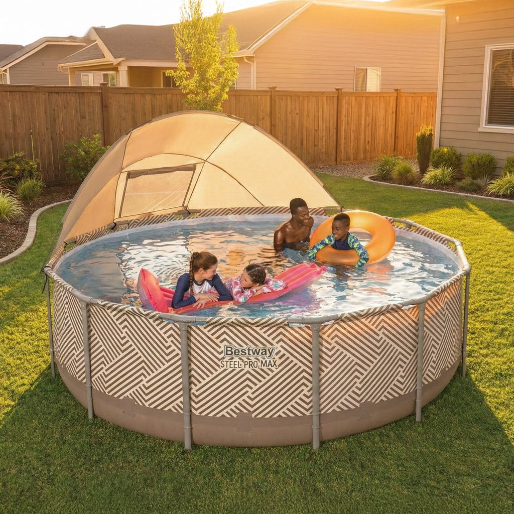 Bestway Power Steel 14’x42” Metal Frame Above Ground Pool w/ Pump, Ladder, & Cover, Brown