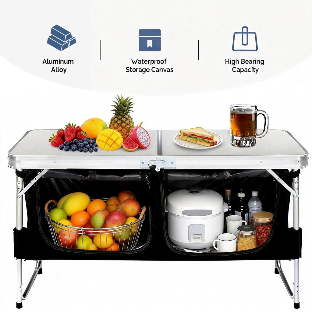 Acpouw 4 ft Folding Camping Table with Storage, Camping Kitchen Station, Aluminum Portable Folding Table Camp Cook Desk with Storage Organizer and 2 Adjustable feet, White