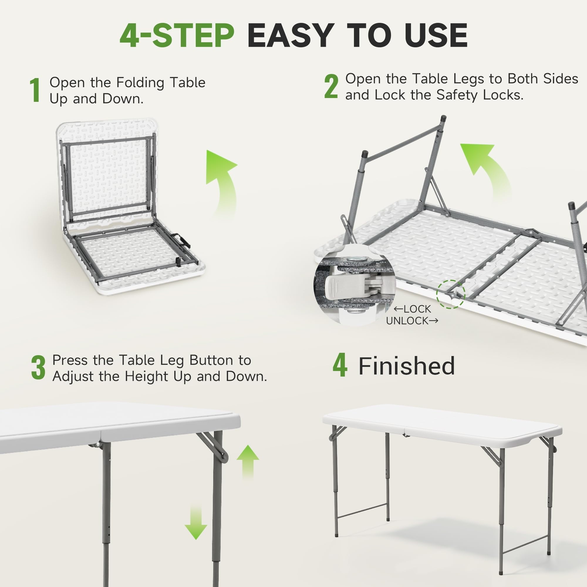 Folding Table 4 Foot - 3-Position Adjustable Height, Heavy Duty 400 lbs Capacity - Portable Tables Folding for Camping, Party, Indoor & Outdoor Use, 1 Pack