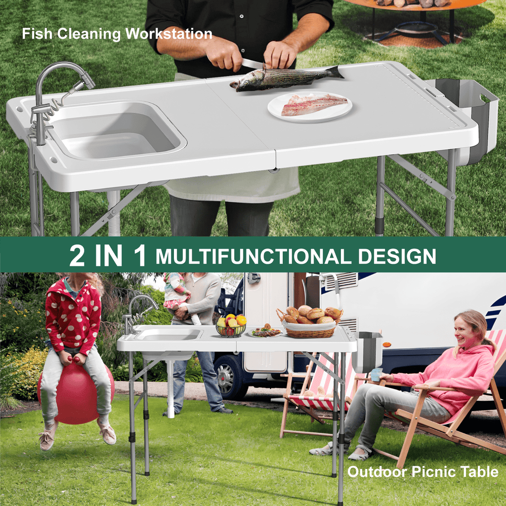 EVOKEDEN 42.5 Fish Cleaning Table w/ Sink, Folding Camping Table & Fish Cleaning Station w/ Measure Mark