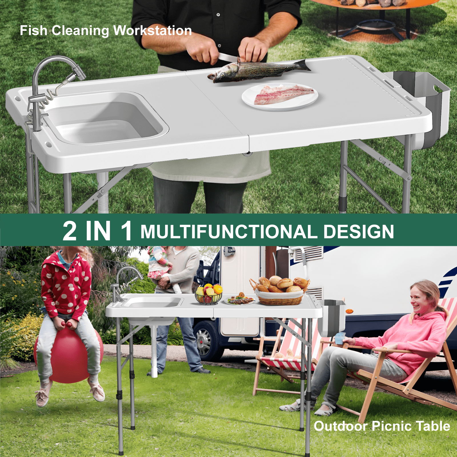 EVOKEDEN 42.5 Fish Cleaning Table w/ Sink, Folding Camping Table & Fish Cleaning Station w/ Measure Mark