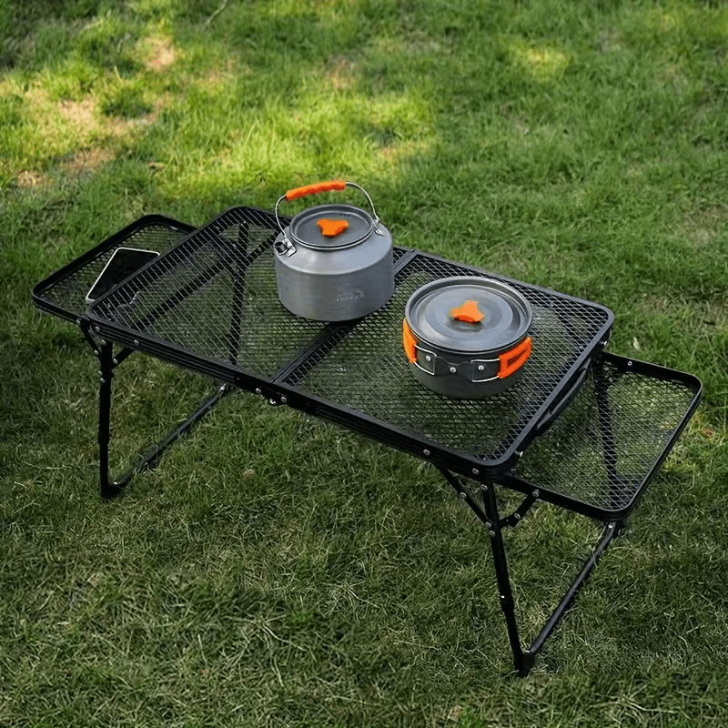 SROEDTY 40 Inch Folding Metal BBQ Grill Table, Adjustable Height Outdoor Cooking Table with 2 Side Tables, Lightweight Portable Design for Camping, Picnic and Backyard Barbecue