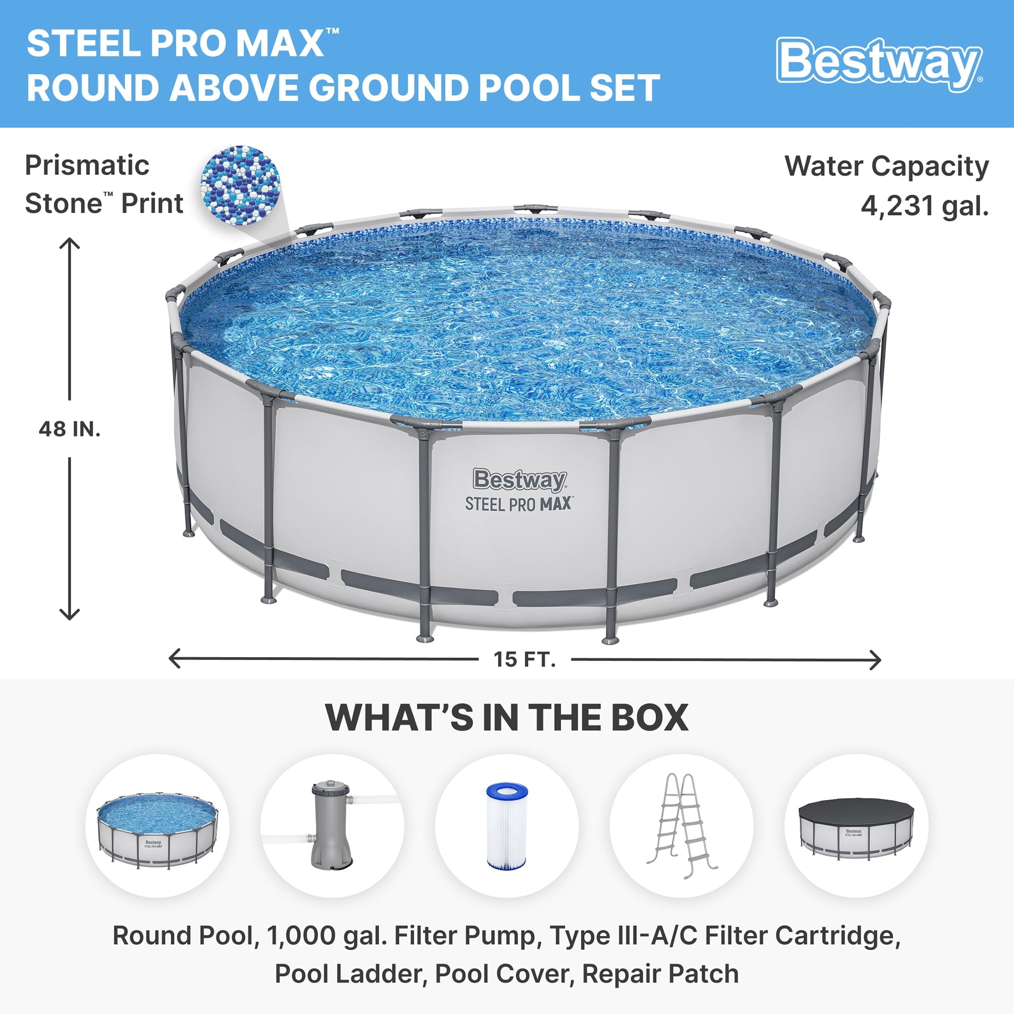 Bestway Steel Pro MAX 15'x42 Metal Frame Above Ground Pool Set w/ Pump, Ladder, & Cover